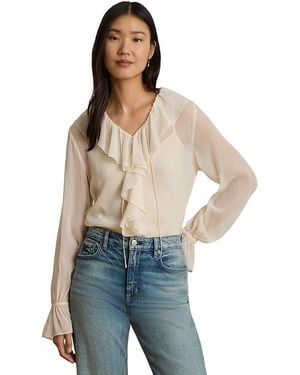 Ralph Lauren Crinkle Georgette Ruffle Trim Blouse - Blue