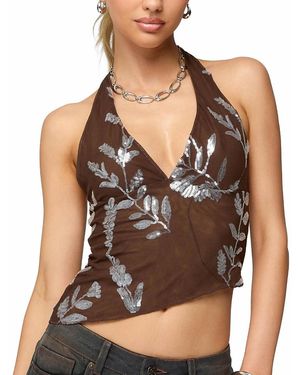 Edikted Sequin Asymmetric Mesh Halter Top - Black