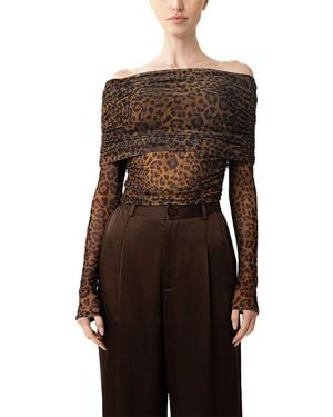 LAPOINTE Printed Mesh Off Shoulder Top - Brown