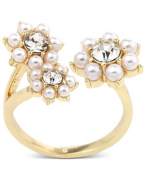 Aqua Cubic Zirconia & Imitation Pearl Flower Open Ring - White