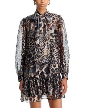 Aqua Leopard Tie Neck Long Sleeve Drop Waist Dress - Gray