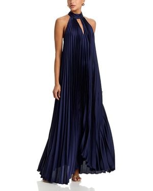 Aqua High Neck Pleated Satin Dress - Blue
