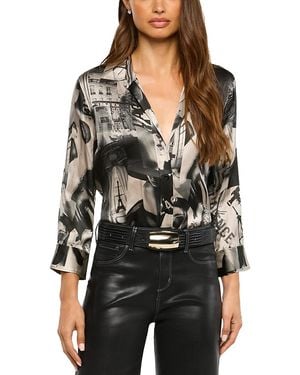L'Agence Dani Collared 3/4 Sleeve Printed Silk Blouse - Black