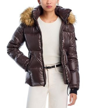 Aqua Gloss Puffer Jacket With Faux Fur Trimmed Hood - Gray