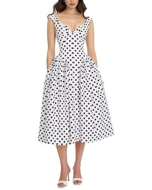 Miss Circle Rahma Polka Dot Drop Waist Midi Cotton Poplin Dress - White