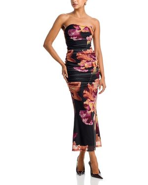Aqua Placed Floral Mesh Strapless Iris Print Maxi Dress - Red