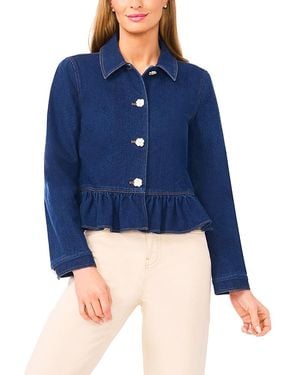 Cece Long Sleeve Collared Peplum Denim Jacket - Blue