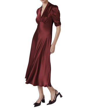 Ghost Mia Satin V Neck Midi Tea Dress - Red