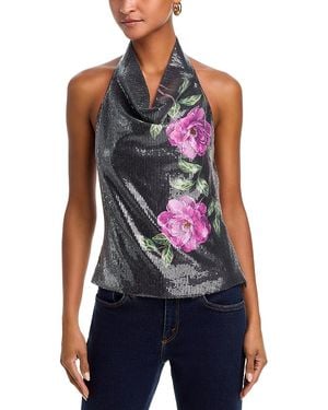 Aqua Sequin Floral Halterneck Top - Blue