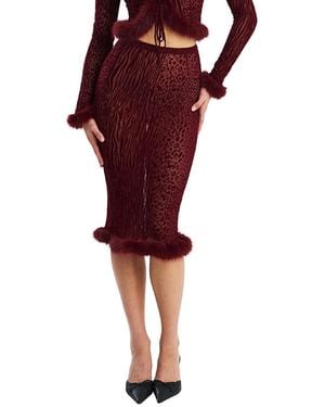 Miss Circle Halia Animal Print Burnout Velvet Faux Fur Trim Skirt - Red