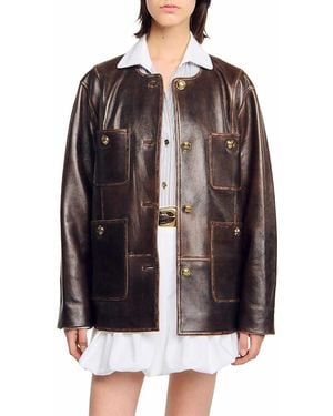 Sandro Long Distressed Leather Jacket - Brown