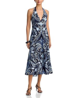 Aqua Pineapple Palm Poplin Halter Midi Dress - Blue
