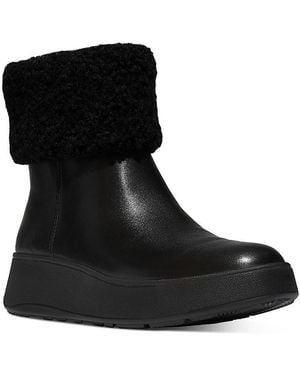 Fitflop F-Mode Shearling Collar Zip Up Leather Ankle Boots - Black