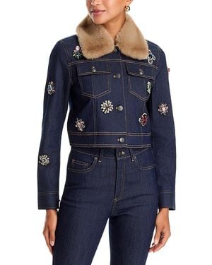 Cinq À Sept Lexie Baroque Patches Faux Fur Collar Denim Jacket - Blue