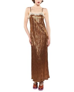 Anna Sui Pleats Lace Slip Maxi Dress - Brown