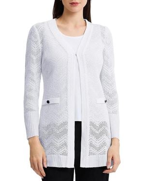 Misook Heritage Pointelle Braided Trim Knit Cardigan - White
