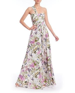Badgley Mischka Butterfly Printed One Shoulder Gown - White