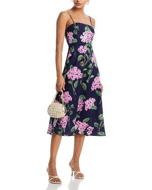 Aqua Linen Floral Square Neck Midi Dress - Blue