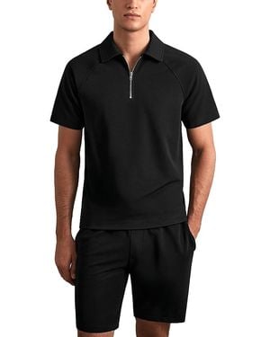 Reiss Winston Textured Raglan Half Zip Polo Shirt - Black