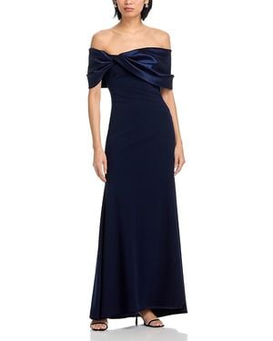 Aqua Long Scuba Crepe Off-The-Shoulder Taffeta Gown - Blue