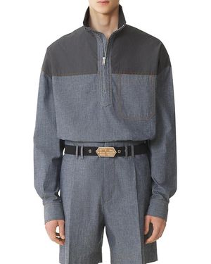 Lanvin High Zip-Neck Chambray Top - Gray