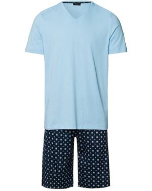 Hanro V-Neck Short Sleeve Cotton Pajamas - Blue
