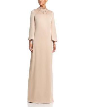 Teri Jon Repe Back Satin Bead Collare Flare Sleeve Gown - Natural
