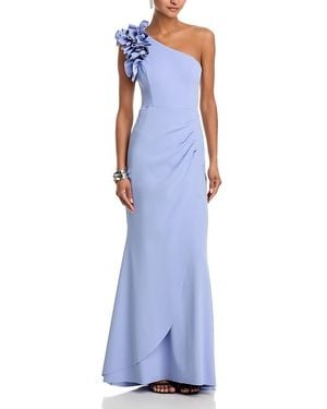 Aqua One Shoulder Ruffle Crepe Gown - Blue