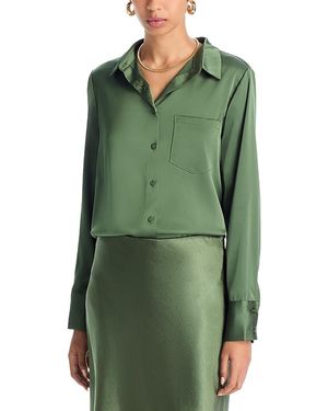 Aqua Satin Button Front Blouse - Green