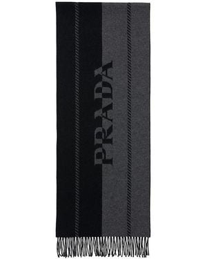 Prada Small Wool Scarf With Jacquard Logo - Black