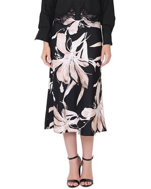 Gracia Floral Print Satin Fishtail Midi Skirt - Black