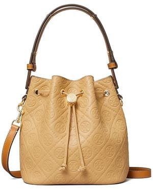 Tory Burch T Monogram Leather Bucket Bag - Natural