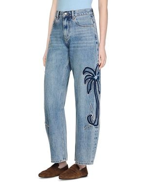 Sandro Palm Embroidered Wide Leg Barrel Jeans - Blue