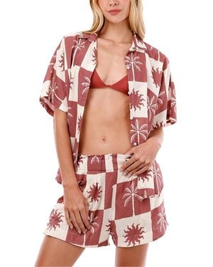 MALAI Sunrise Palm Twyla Button Down Short Sleeve Shirt - Red