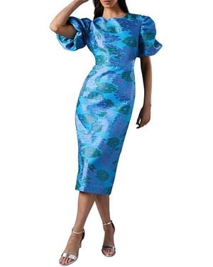 Coast Jacquard Floral Puff Sleeve Midi Dress - Blue