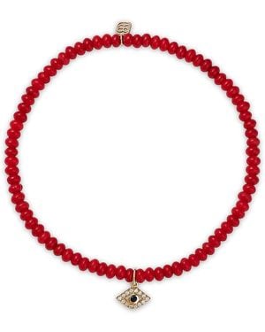 Sydney Evan 14K Tiny Bezel Evil Eye Charm Bracelet - Red