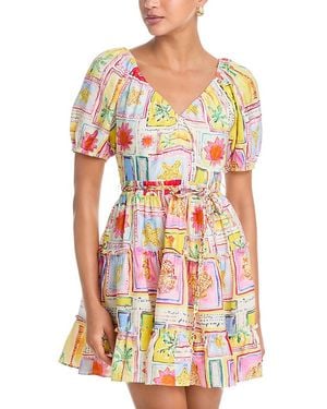 Aqua Tile Puff Sleeve V Neck Dress - Red