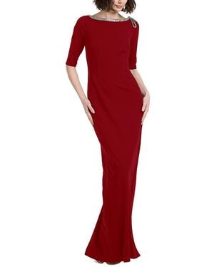 EMILY SHALANT Stretch Crepe Elbow Sleeve Embellished Gown - Red