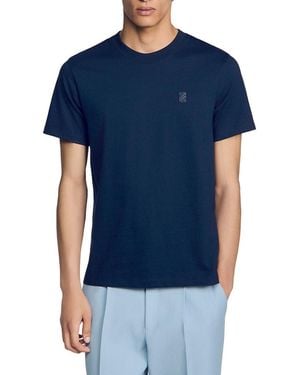 Sandro Cotton T Shirt With Leather Logo Patch - Blue