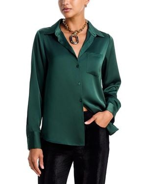 Aqua Satin Button Front Blouse - Green