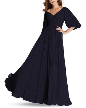 Teri Jon Chiffon Pleated V Neck Gown - Blue