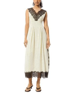 Whistles Lace Trim V Neck Spot Midi Dress - Natural
