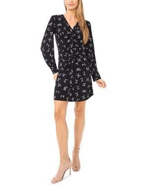 Cece V-Neck Button Front Shirred Dress - Black