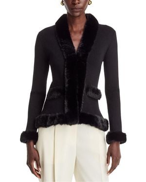 Tahari Faux Fur Trim V Neck Cardigan - Blue