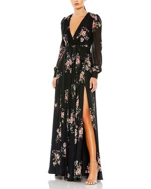 Mac Duggal Belted Floral Print Illusion Long Sleeve Gown - Black