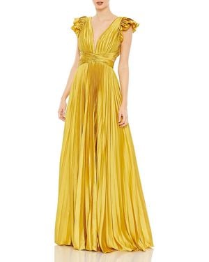 Mac Duggal Pleated Ruffled Cap Sleeve Cut Out Lace Up Gown - Yellow