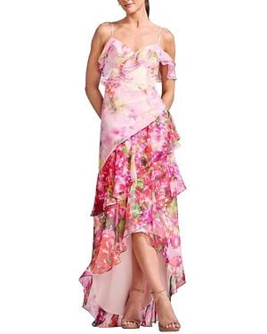 Dress the Population Lumi Spaghetti Strap Floral Print Cold Shoulder Ruffle Gown - Pink