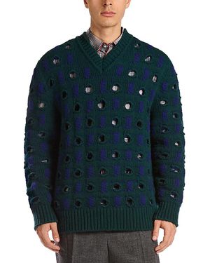 Marni V Neck Embellished Wool Blend Sweater - Blue