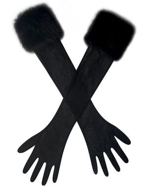 Miss Circle Eve Faux Fur-Trimmed Mesh Opera-Length Gloves - Black