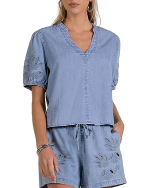 Elan Chambray Split Neck Top - Blue